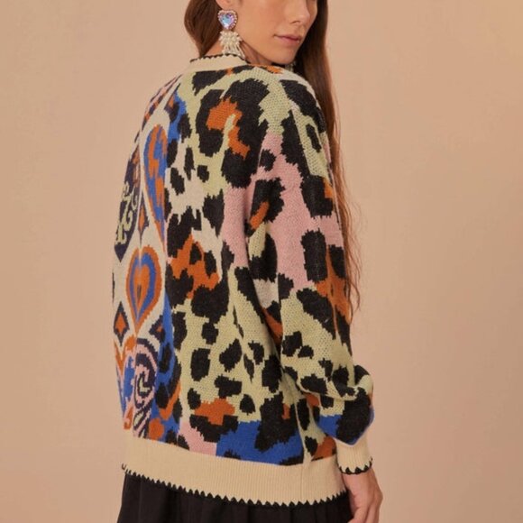 Farm Rio Mixed Ikat Hearts Knit Cardigan Sweater Long Sleeve Size XS Multicolor - Picture 3 of 3